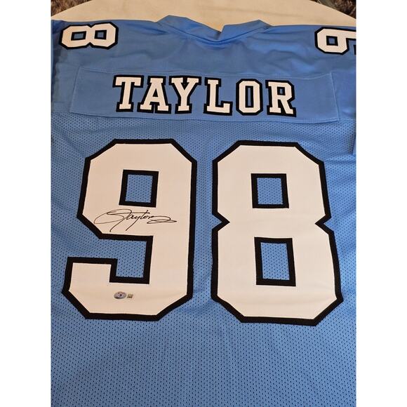 Lawrence Taylor Autographed/Signed Jersey Beckett Sticker Blue Custom Jersey